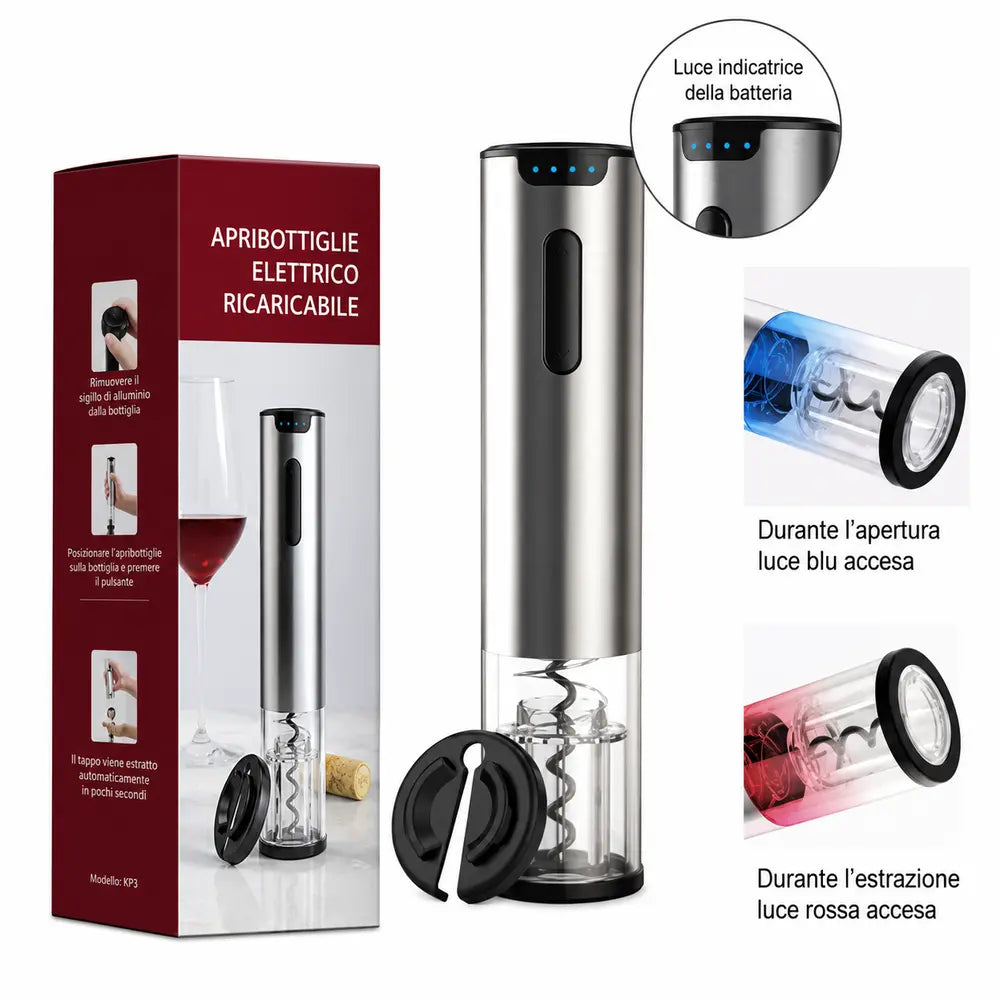 Apribottiglie elettrico in acciaio inox con indicatore di carica-KP3-371803A