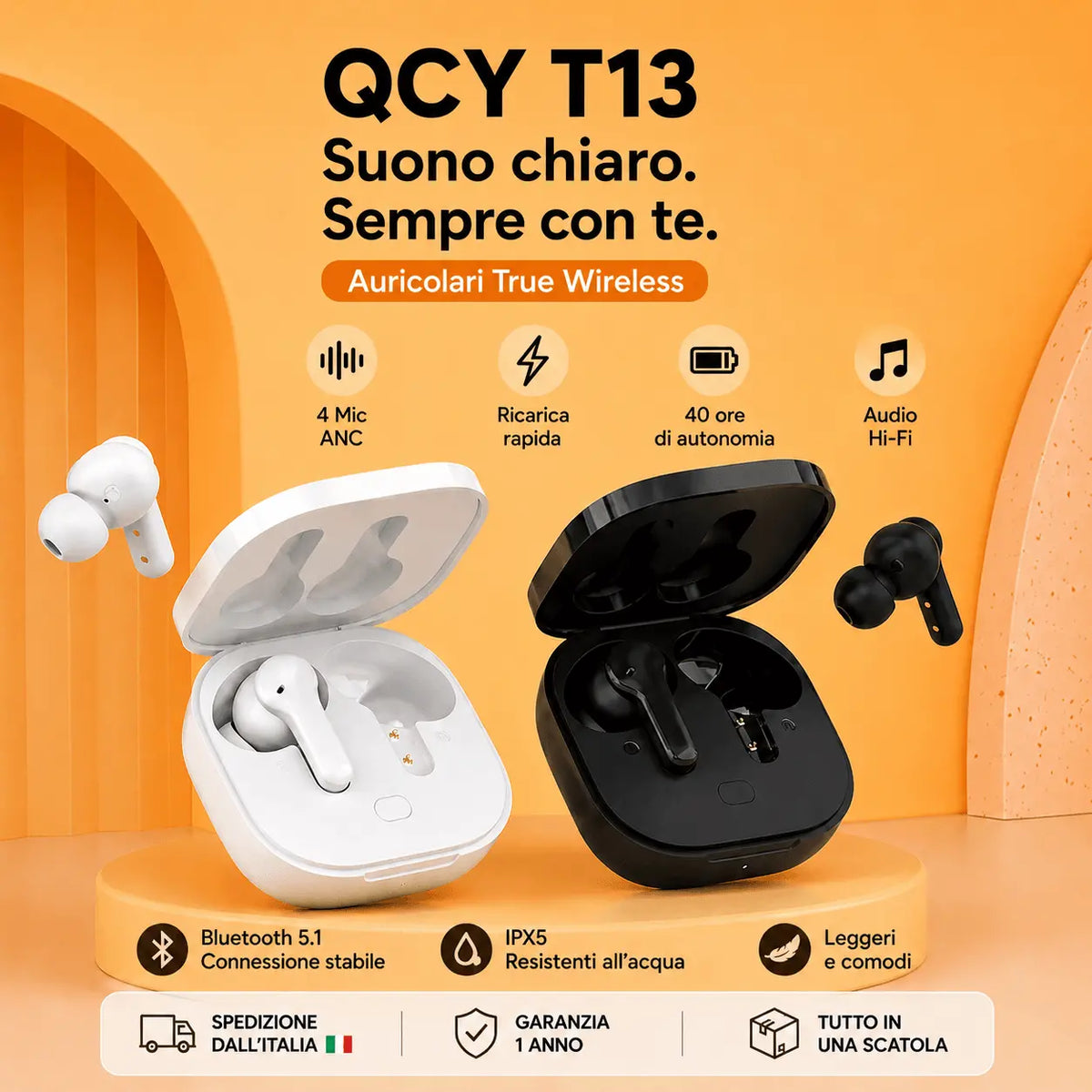 QCY T13 Auricolari Wireless Bluetooth 5.1 TWS con 4 Microfoni ENC, Driver Dinamici da 7,2 mm, Ricarica Rapida, Fino a 40 Ore di Autonomia, Controllo Touch