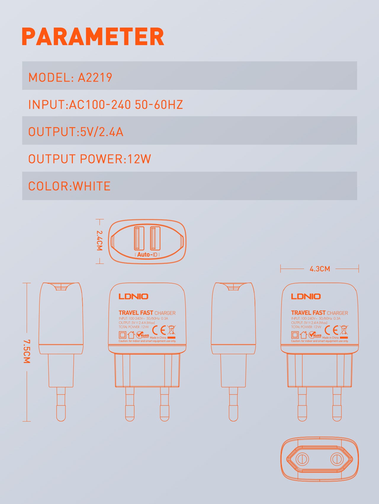 Caricabatterie Rapido da Muro con 2 Porte USB (12W)