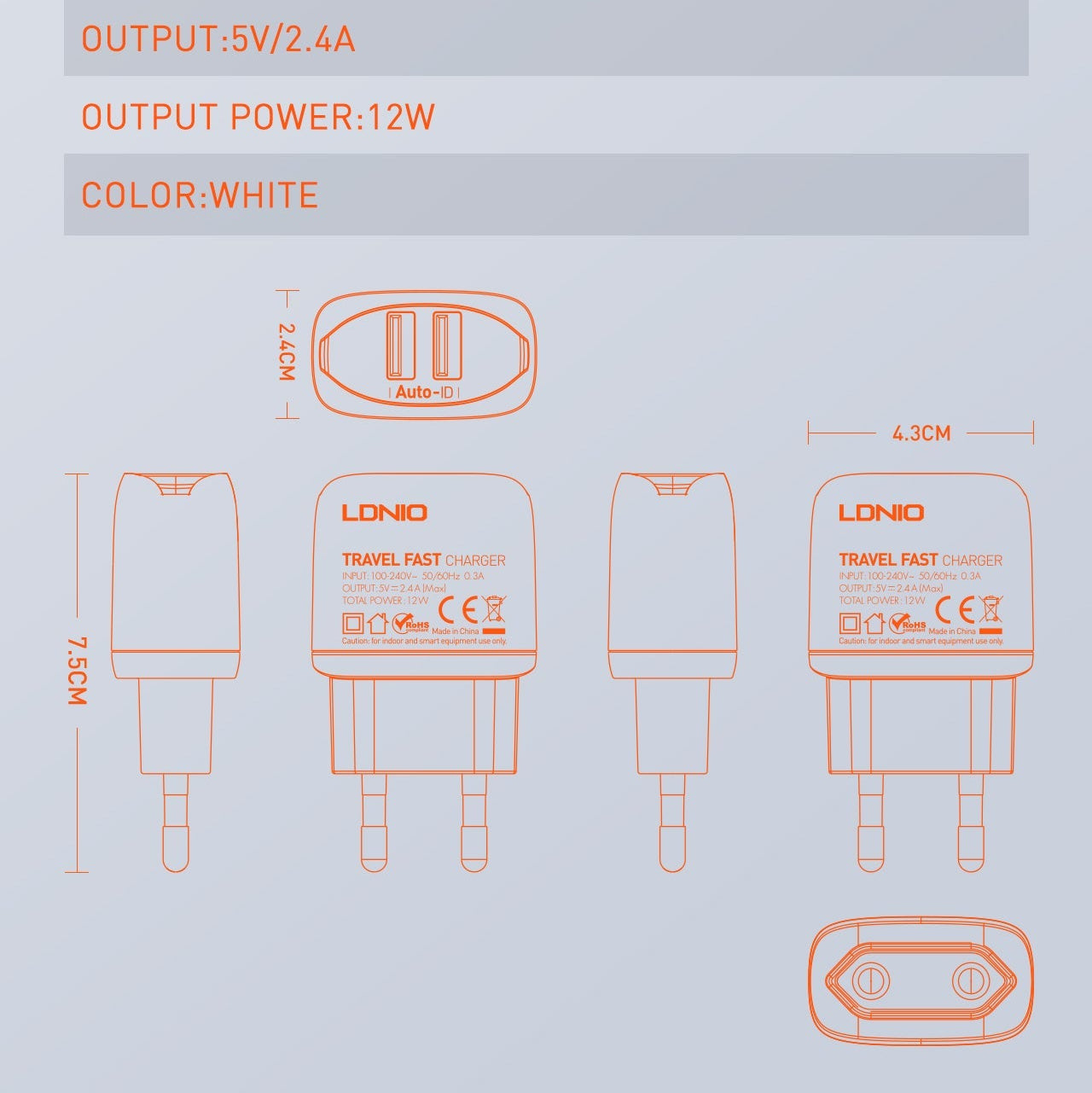 Caricabatterie Rapido da Muro con 2 Porte USB (12W) ldnio