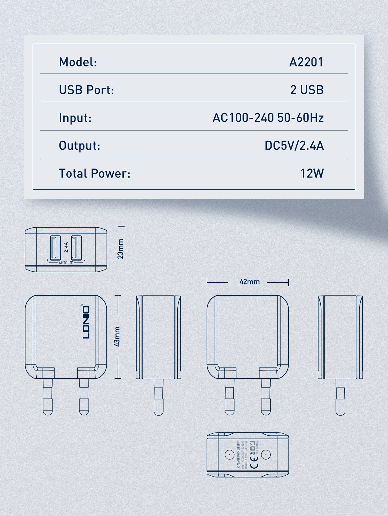 Caricabatterie Rapido da Muro con 2 Porte USB (12W)
