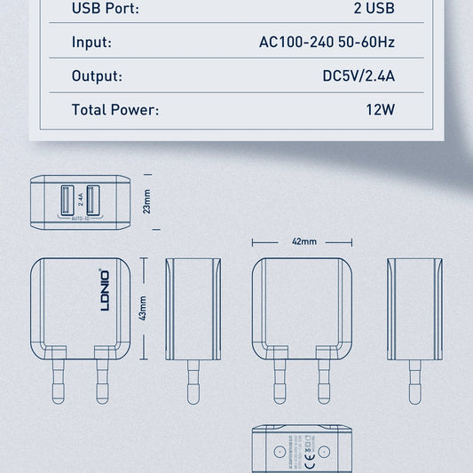 Caricabatterie Rapido da Muro con 2 Porte USB (12W) ldnio