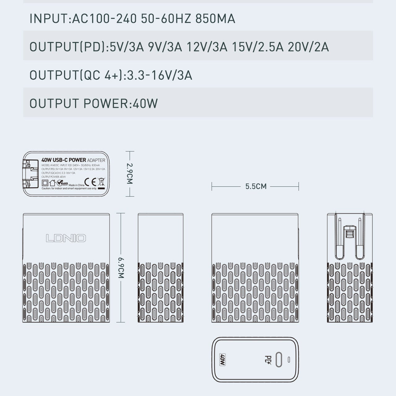 Caricabatterie Rapido PD 40W con Spina Pieghevole ldnio