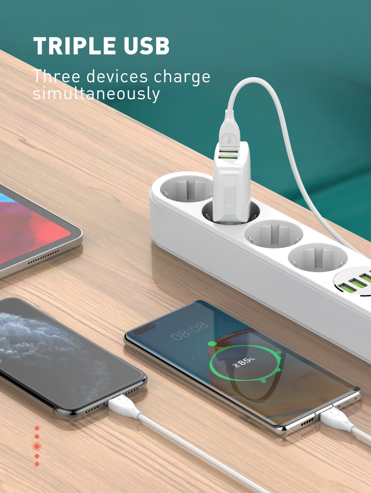 Caricabatterie da Muro con 3 Porte USB (17W)