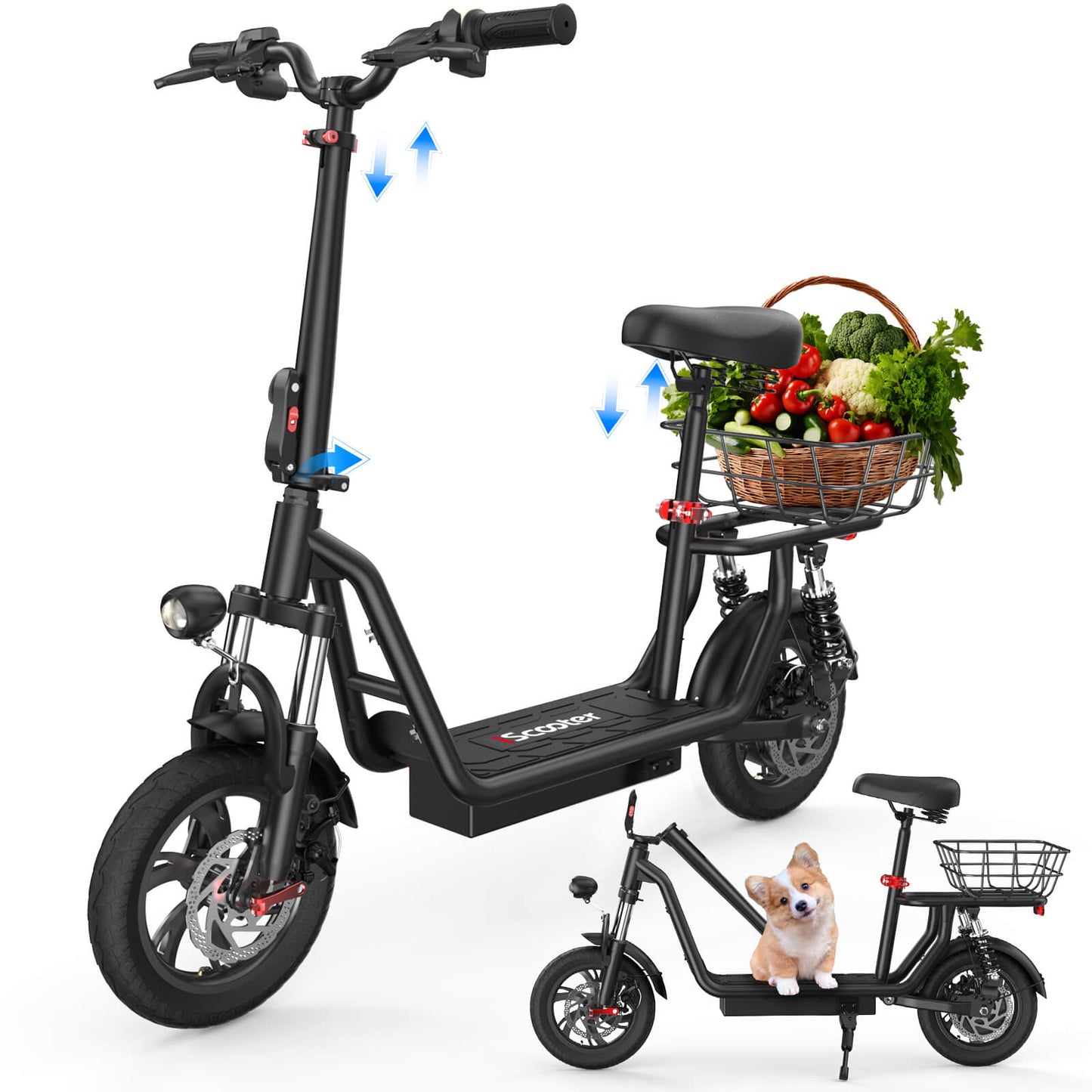 iScooter I12 Monopattino Elettrico Commuter 12" con Sella e Cestino 500W Motore Batteria 36V 7.5Ah
