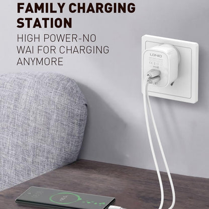 LDNIO A201 Caricatore da Muro 2 Porte USB 2,4A con Cavo Lightning 8 Pin, Spina EU per iPhone e iPad
