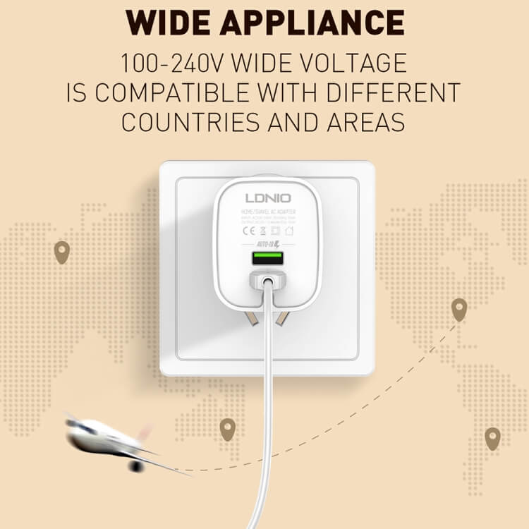 LDNIO A201 Caricatore da Muro 2 Porte USB 2,4A con Cavo Lightning 8 Pin, Spina EU per iPhone e iPad
