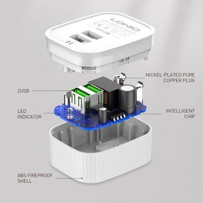 LDNIO A201 Caricatore da Muro 2 Porte USB 2,4A con Cavo Lightning 8 Pin, Spina EU per iPhone e iPad