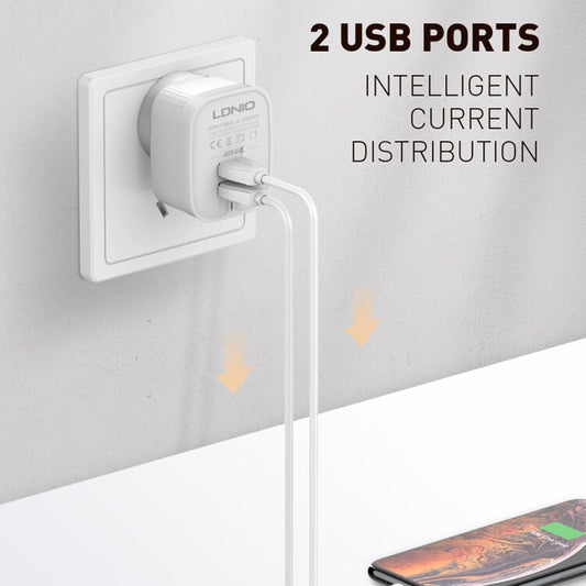 LDNIO A201 Caricatore da Muro 2 Porte USB 2,4A con Cavo Lightning 8 Pin, Spina EU per iPhone e iPad