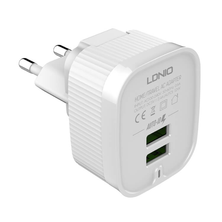 LDNIO A201 Caricatore da Muro 2 Porte USB 2,4A con Cavo Lightning 8 Pin, Spina EU per iPhone e iPad