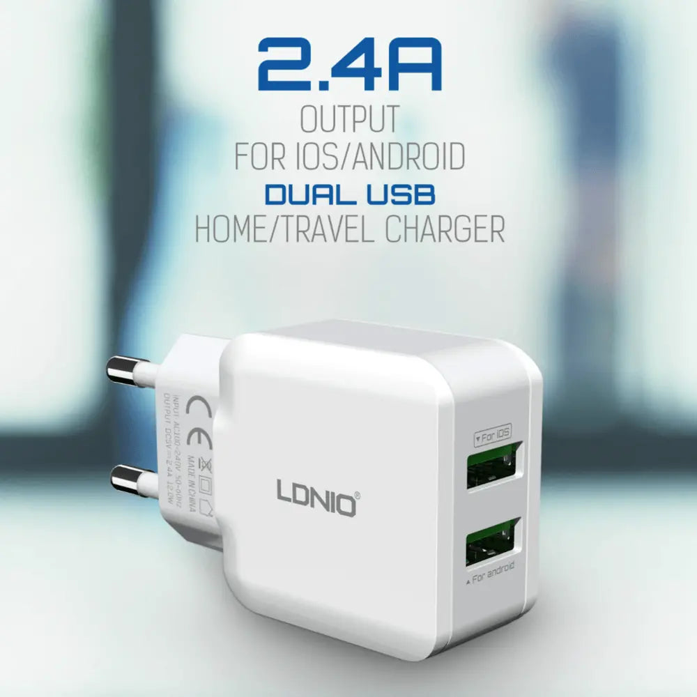 LDNIO A2202 Caricatore da Muro 2 Porte USB 2,4A – Ricarica Rapida per Smartphone e Tablet, Spina EU, Bianco