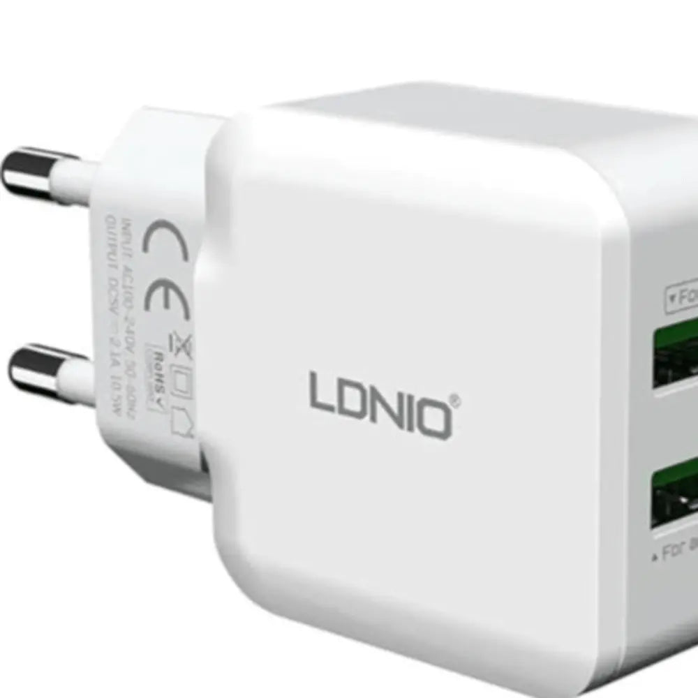 LDNIO A2202 Caricatore da Muro 2 Porte USB 2,4A – Ricarica Rapida per Smartphone e Tablet, Spina EU, Bianco