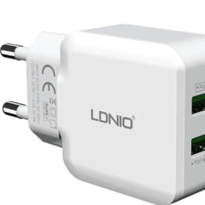 LDNIO A2202 Caricatore da Muro 2 Porte USB 2,4A – Ricarica Rapida per Smartphone e Tablet, Spina EU, Bianco