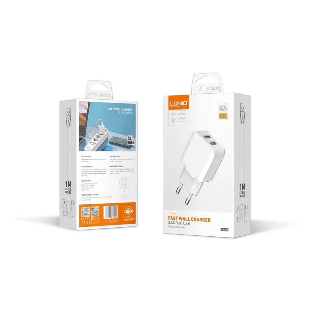 LDNIO A2202 Caricatore da Muro 2 Porte USB 2,4A – Ricarica Rapida per Smartphone e Tablet, Spina EU, Bianco