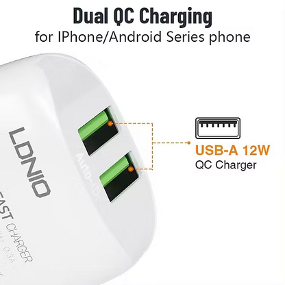 LDNIO A2219 Caricatore da Muro USB Doppia Porta 12W 2,4A con Cavo USB-C da 1 m
