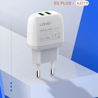 LDNIO A2219 Caricatore da Muro USB Doppia Porta 12W 2,4A con Cavo USB-C da 1 m