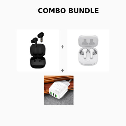 Kit QCY T13 Auricolari Wireless (Nero + Bianco) + Caricatore USB 3 Porte 17W – Offerta Speciale
