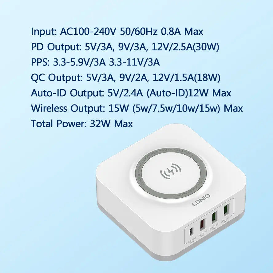 AW004 Stazione di Ricarica Wireless 5 in 1 32W | Caricatore Wireless 15W con USB-C PD e QC3.0