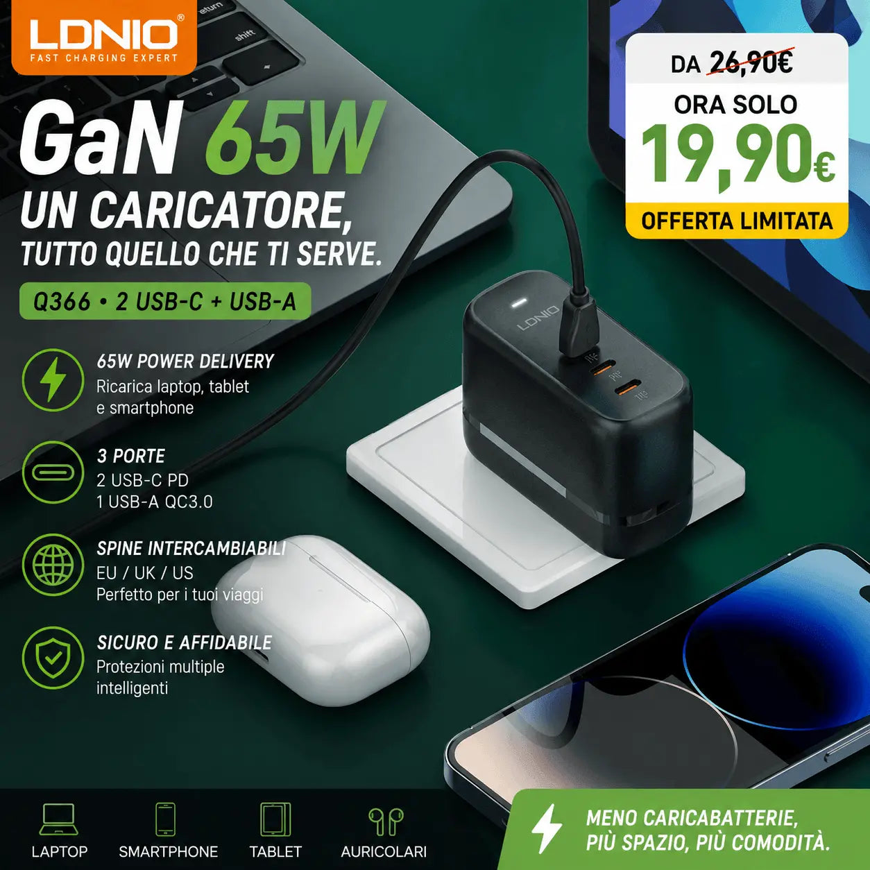 Caricabatterie GaN 65W da viaggio con spina intercambiabile Q366 / Q367