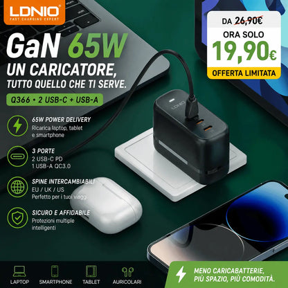 Caricabatterie GaN 65W da viaggio con spina intercambiabile Q366 / Q367