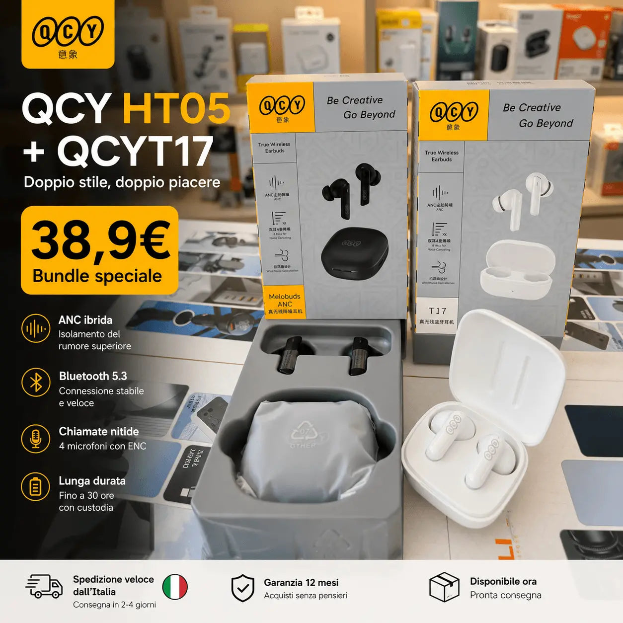 Kit Doppio Auricolari QCY — HT05 Nero + T17 Bianco · Lavoro & Quotidiano