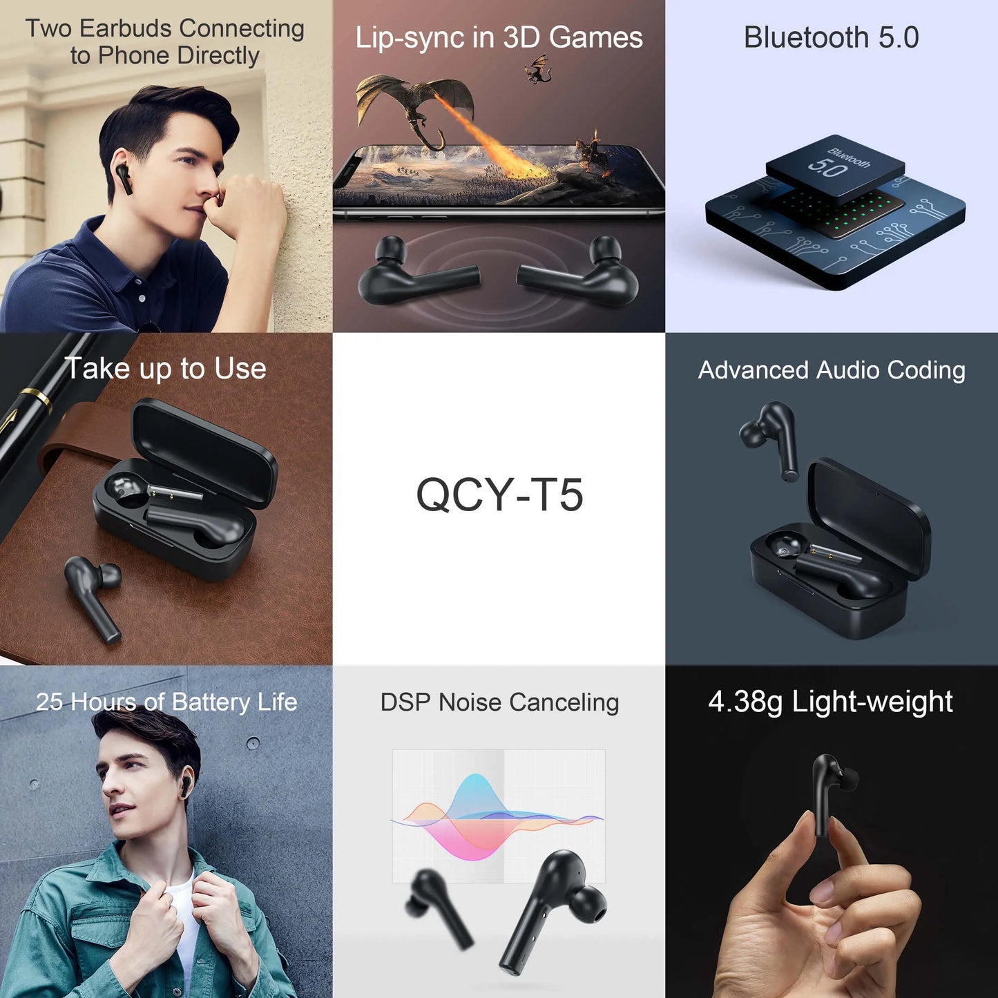 QCY T5 Auricolari Wireless Bluetooth 5.0 TWS con Custodia di Ricarica, Fino a 25 Ore di Autonomia, Microfono HD