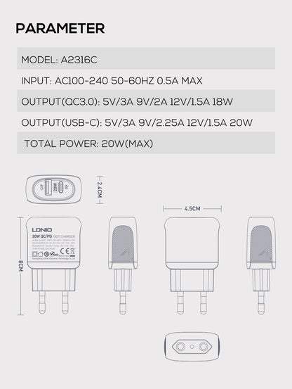 Caricabatterie da Muro QC3.0 20W